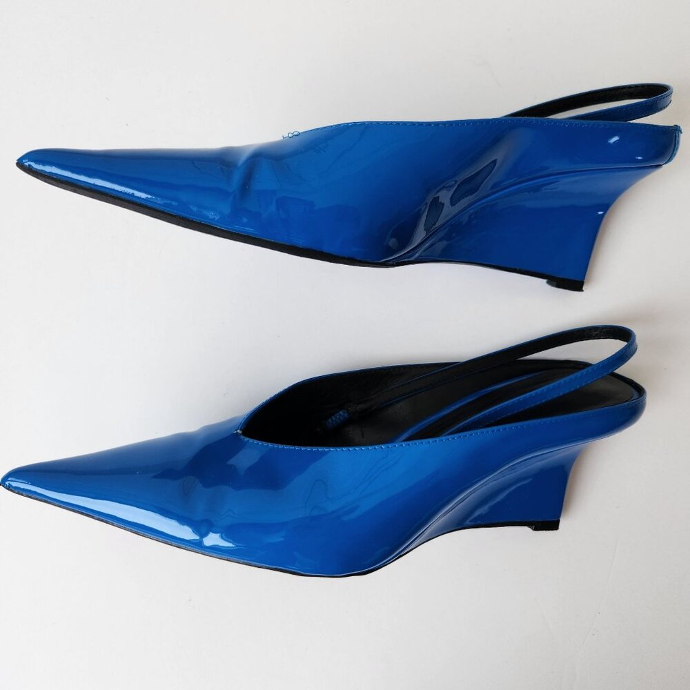 Zara Blue Patent Leather Pointed Toe Kitten Heel Wedge Slingback Shoes Size 38 - Picture 6 of 16